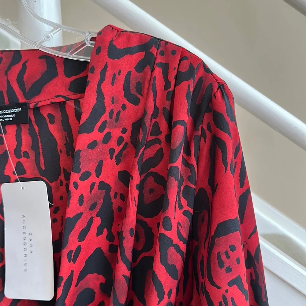 NWT Zara Animal Print Deep V Plunge Draped Wrap Long Sleeve Bodysuit Red Black L - Picture 8 of 16